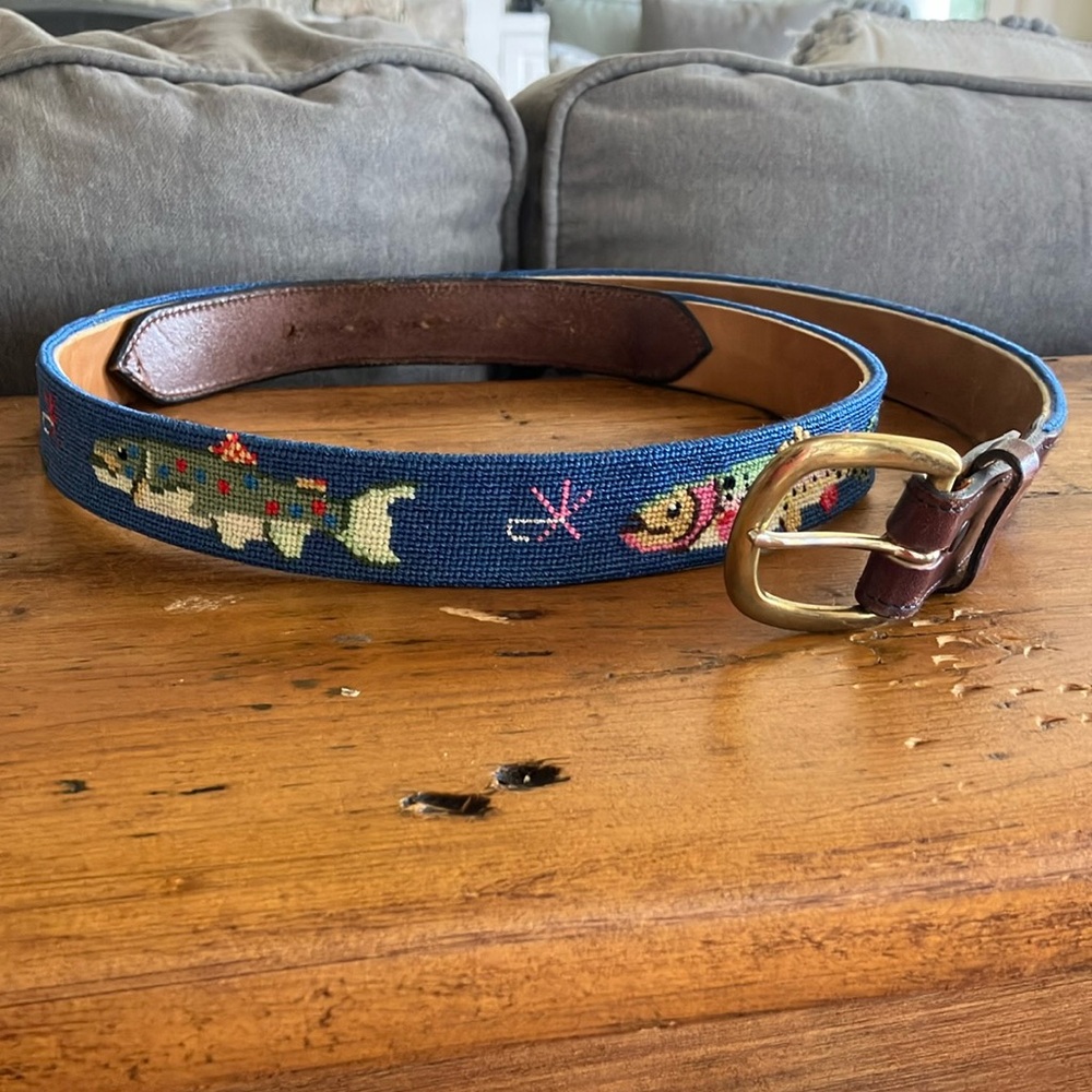 Mens Needlepoint Leather Belt with Freshwater Fish size 44
